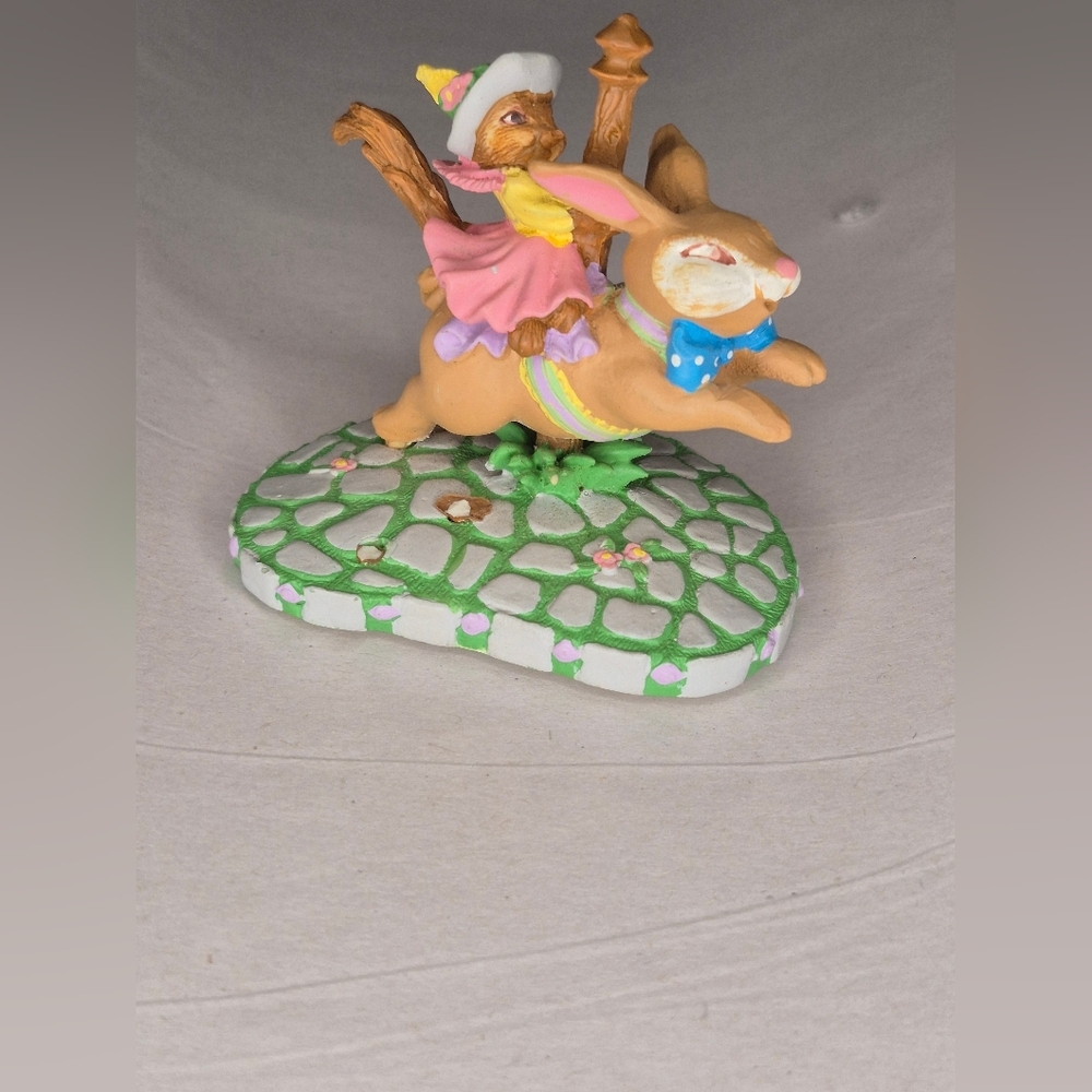 CAROUSEL SQUIRRELS on RABBIT BY KATHY JEFFERS 1993 AVON FIGURINE